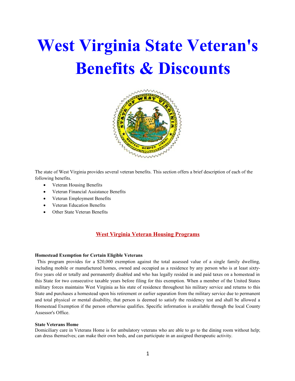 West Virginiastate Veteran's Benefits & Discounts