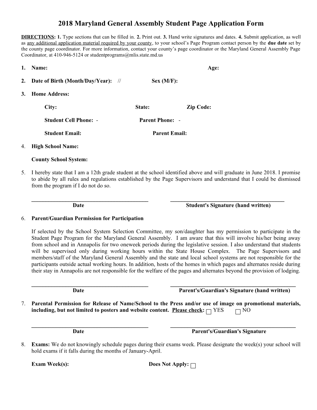 2018 Maryland General Assemblystudent Page Application Form