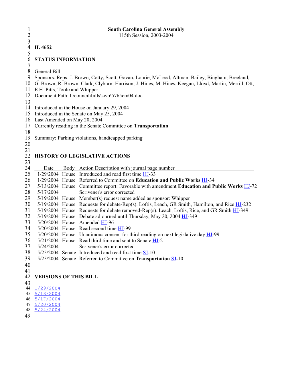 2003-2004 Bill 4652: Parking Violations, Handicapped Parking - South Carolina Legislature Online