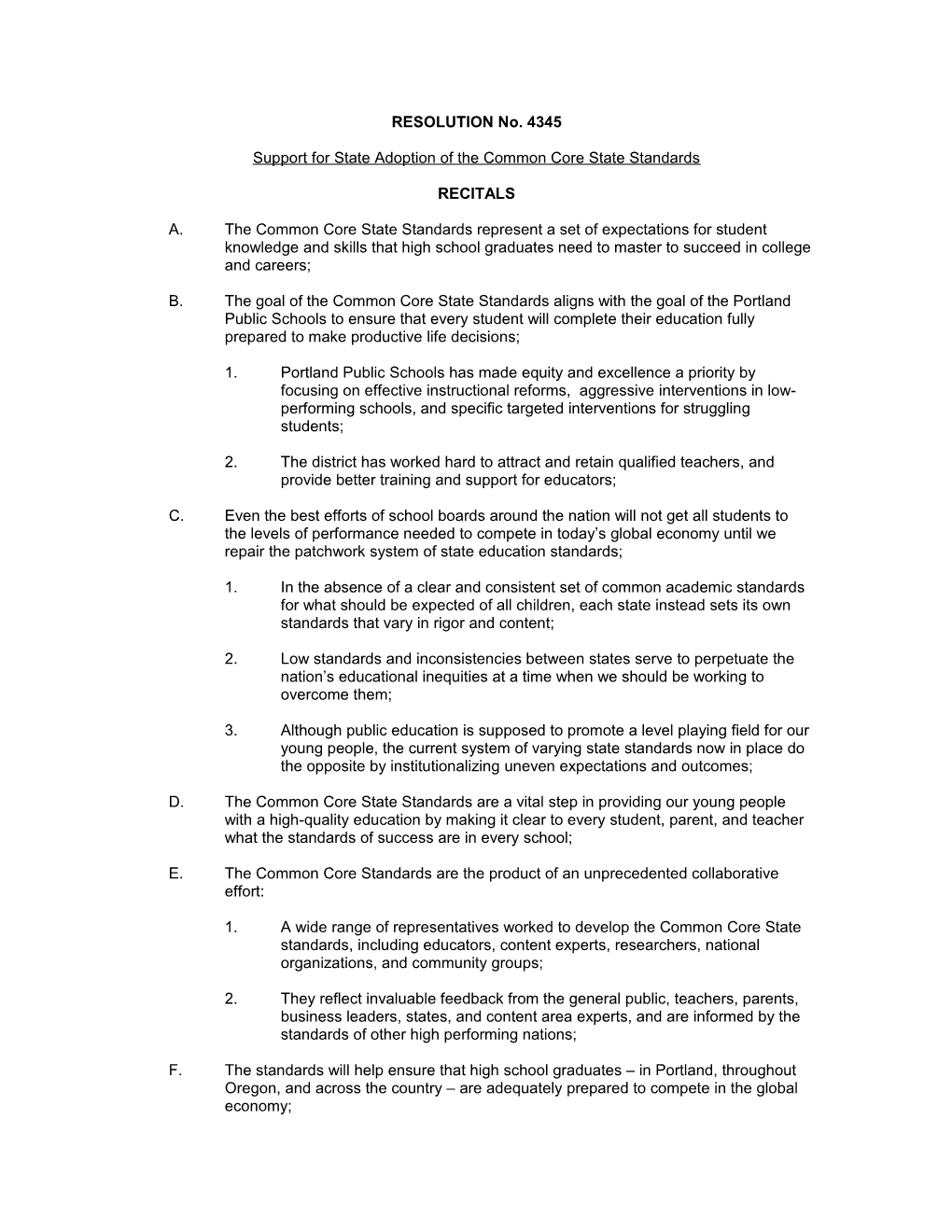 Support for State Adoption of the Commoncorestate Standards