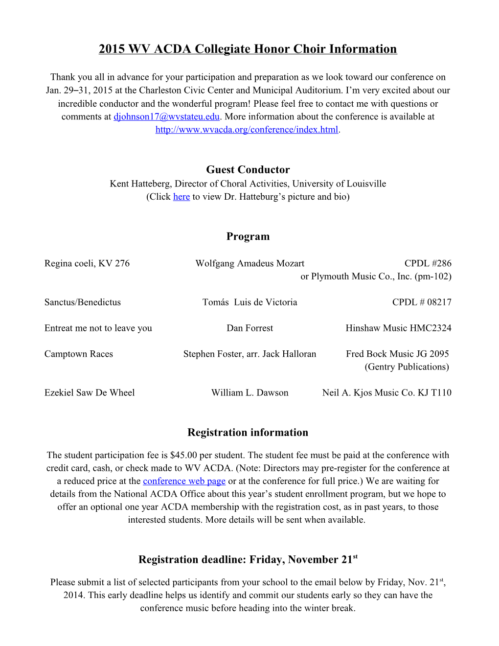 2015 WV ACDA Collegiate Honor Choir Information