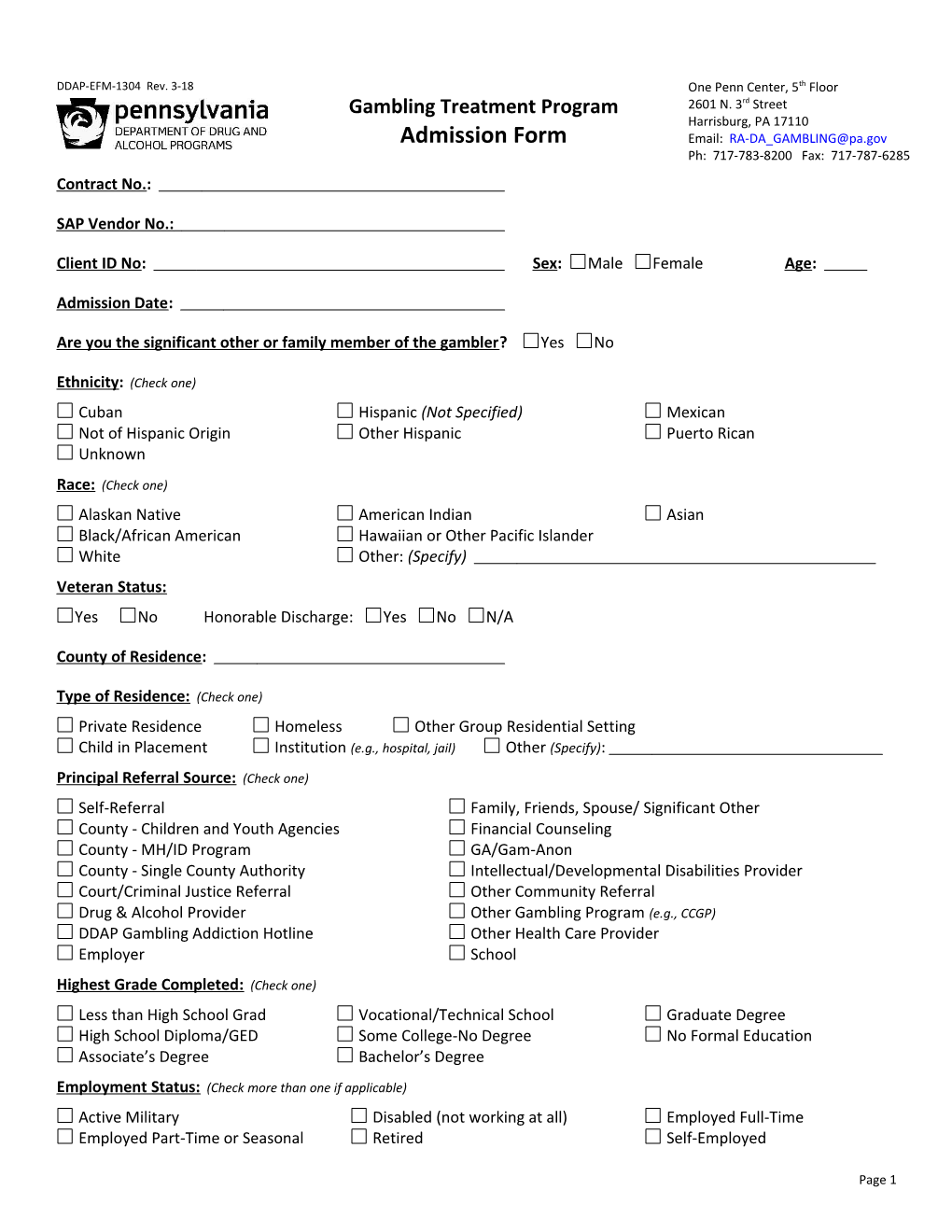 Client Admission Form - Gambling