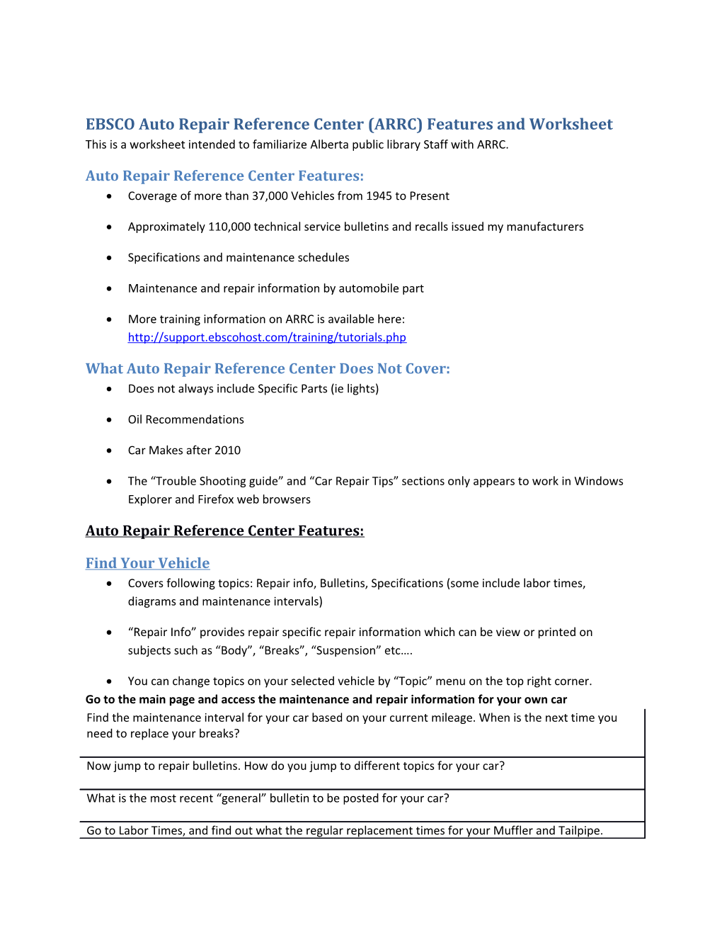 EBSCO Auto Repair Reference Center (ARRC) Features and Worksheet
