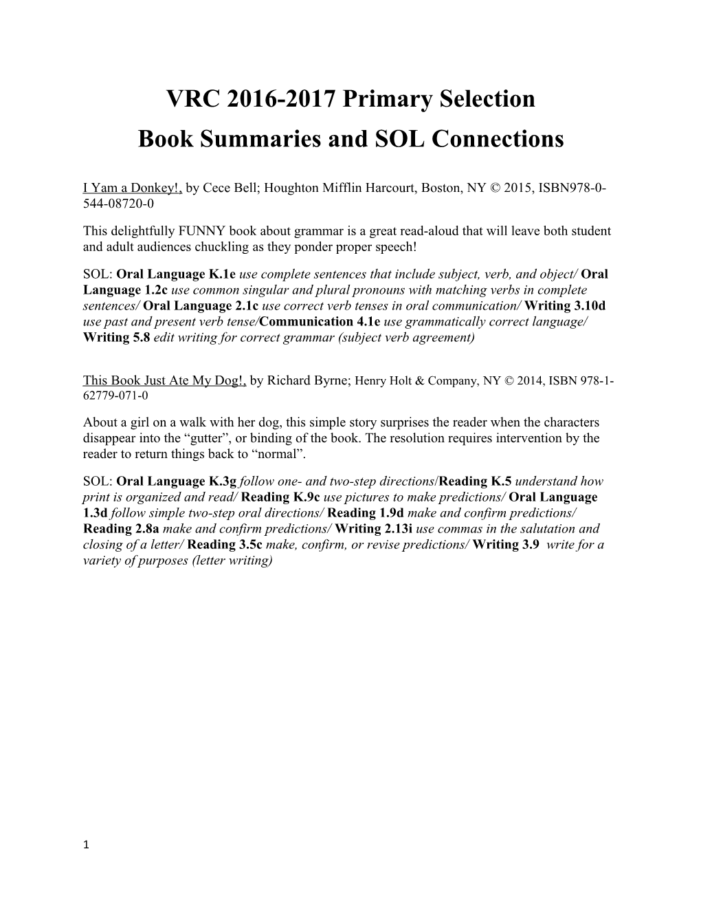 Book Summaries and SOL Connections