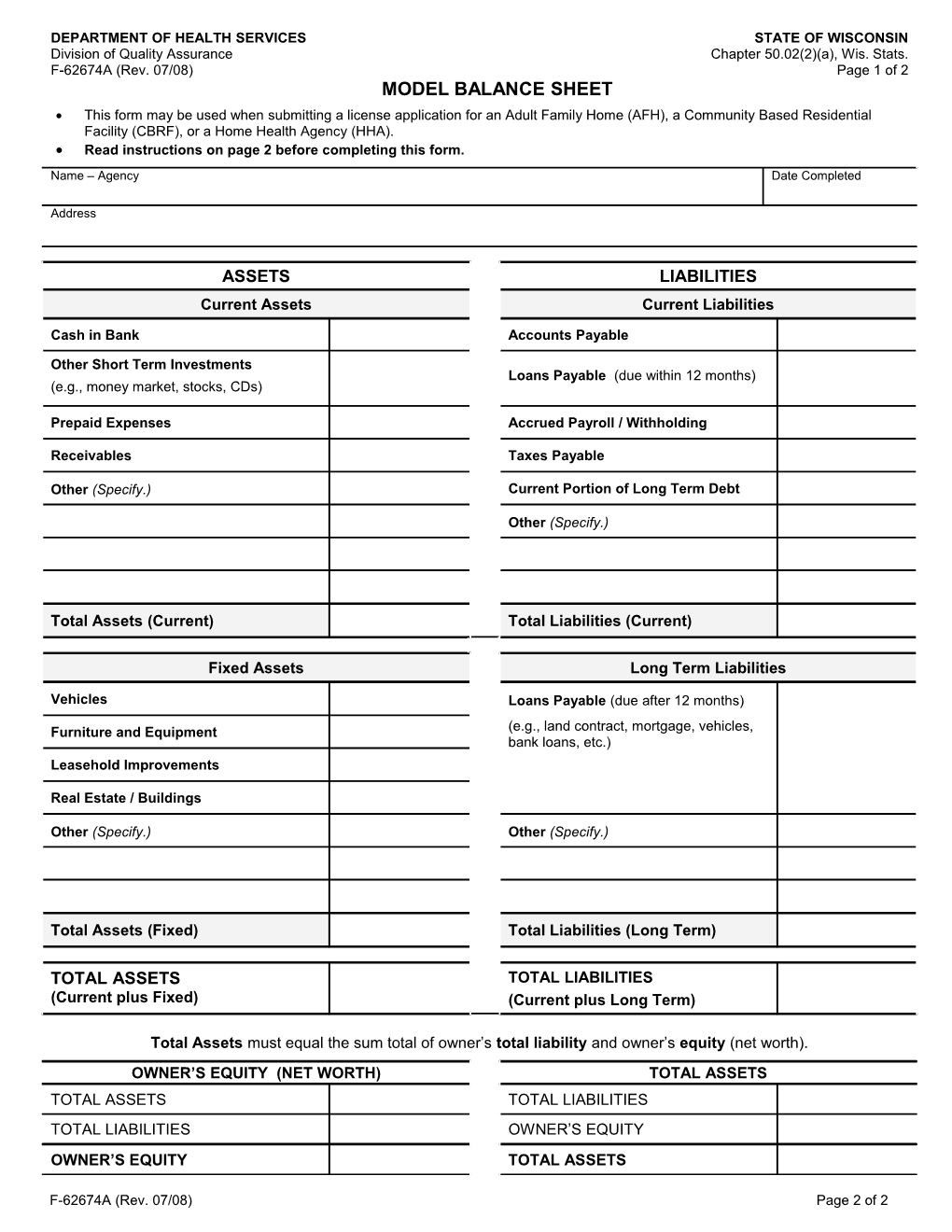 Model Balance Sheet, F-62674A