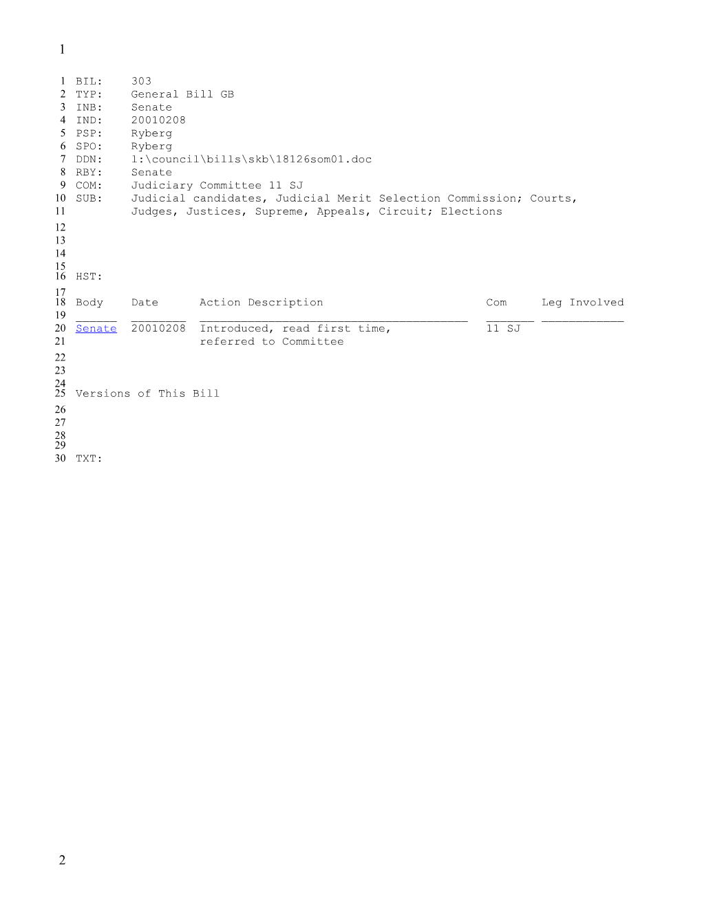 2001-2002 Bill 303: Judicial Candidates, Judicial Merit Selection Commission; Courts, Judges