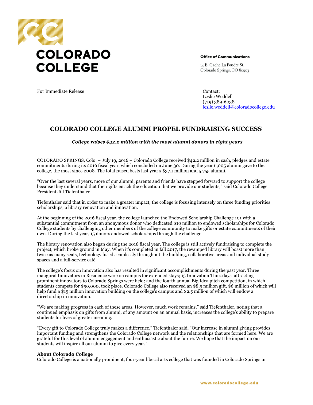 Colorado College Alumni Propel Fundraising Success