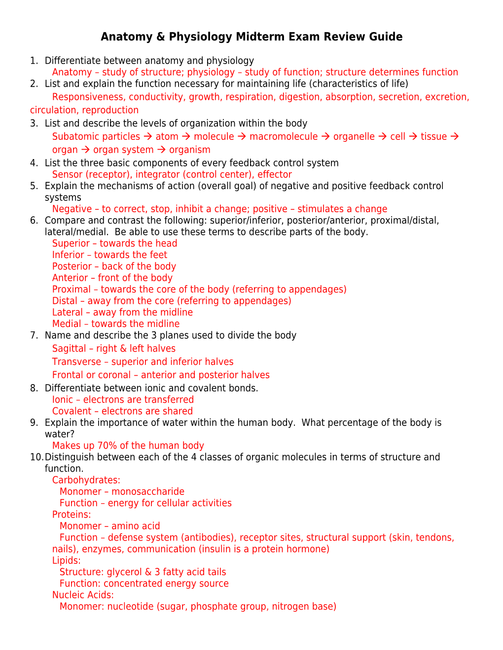 Anatomy & Physiology Semester Exam Review