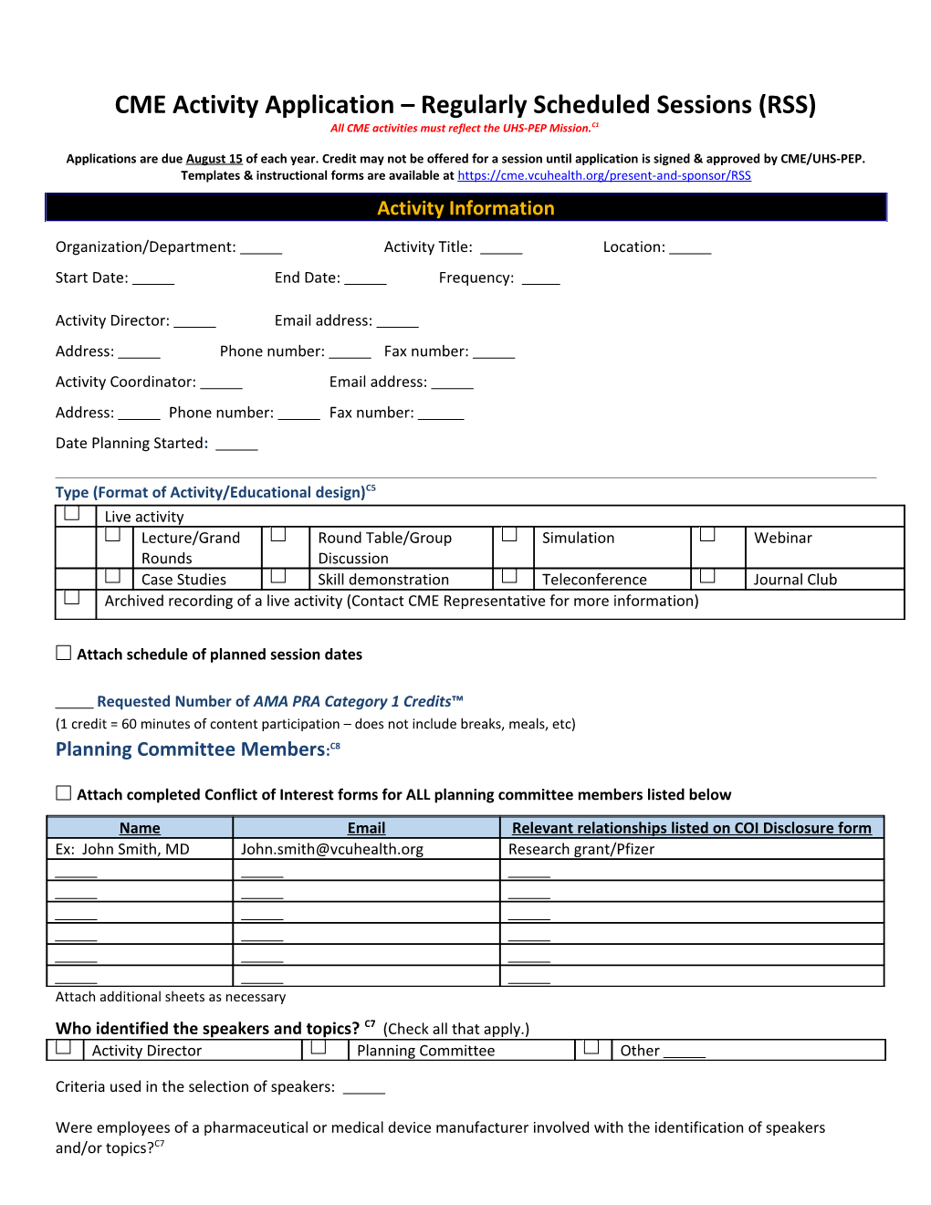 CME Activity Application Regularly Scheduled Sessions (RSS)