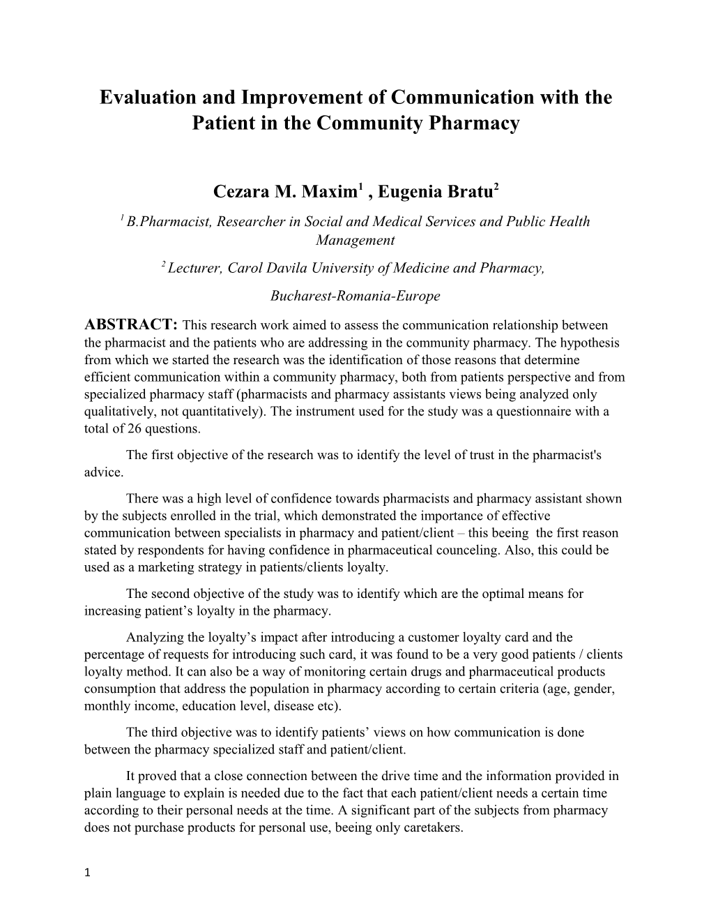 Evaluation and Improvement of Communication with the Patient in the Community Pharmacy
