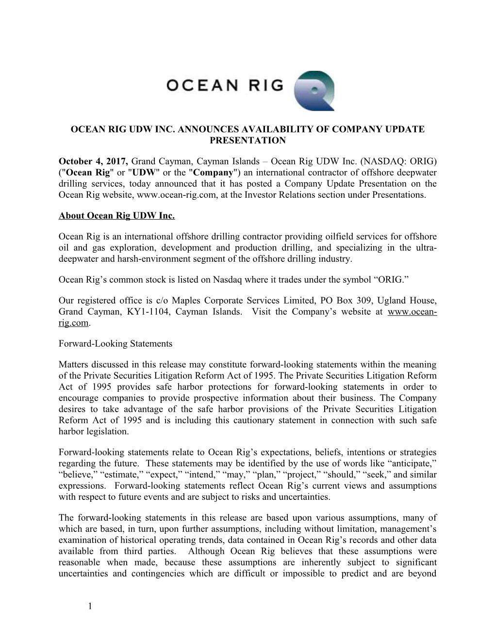 Ocean Rig Udw Inc. Announces Availability of Company Update Presentation