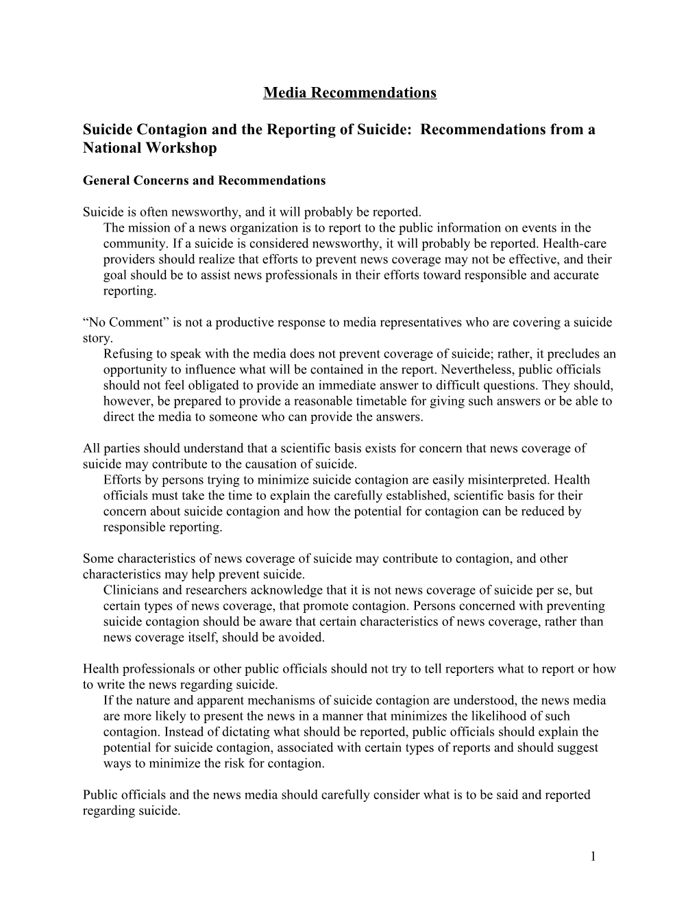 Suicide Contagion and the Reporting of Suicide: Recommendations from a National Workshop