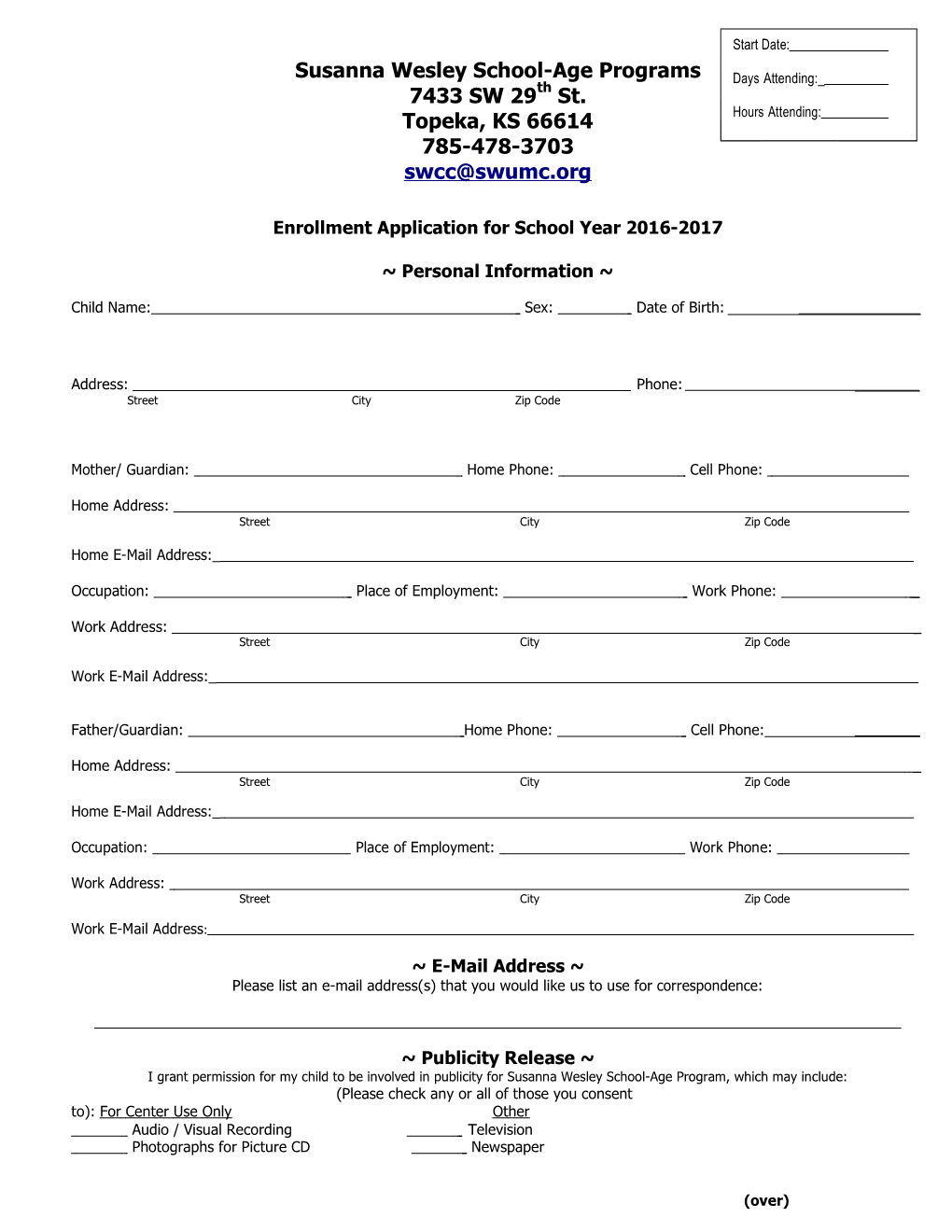 2012-2013 School Age Enrollment Form