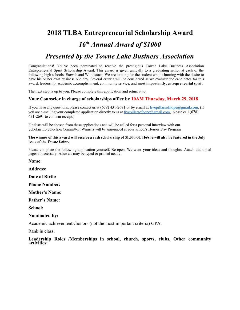 2018 TLBA Entrepreneurial Scholarship Award