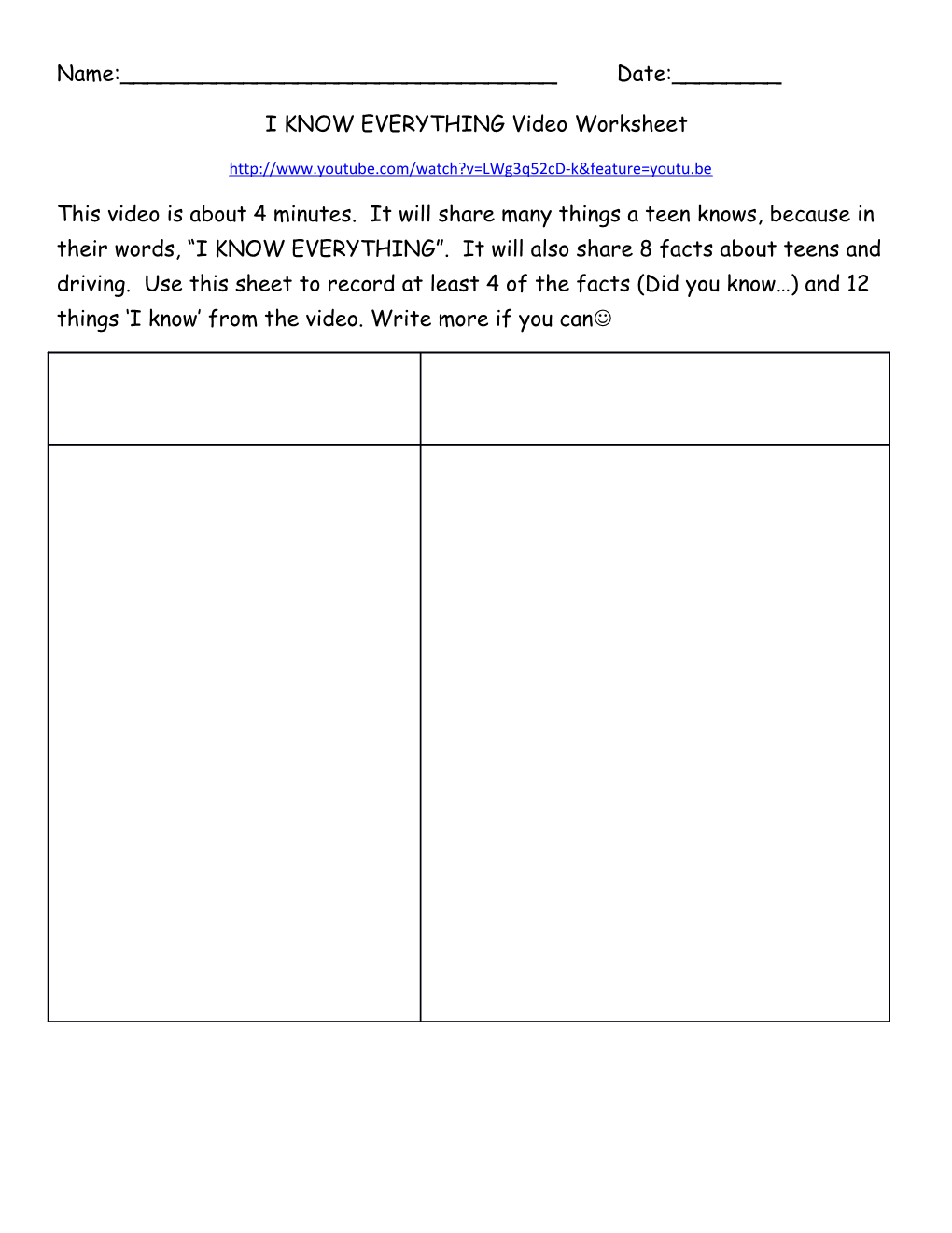 I KNOW EVERYTHING Video Worksheet
