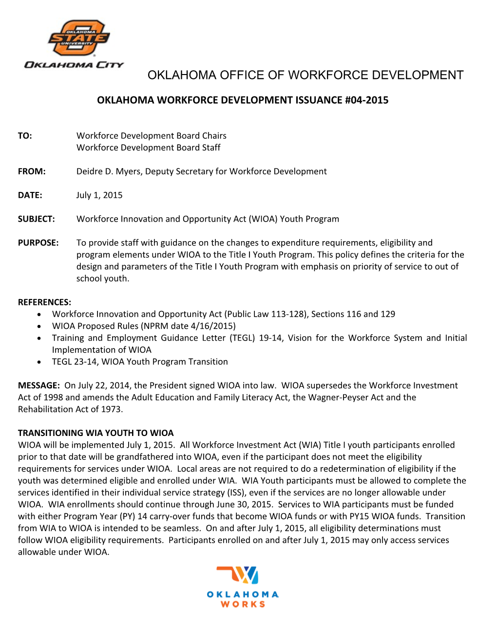 Oklahoma Workforce Development Issuance #04-2015