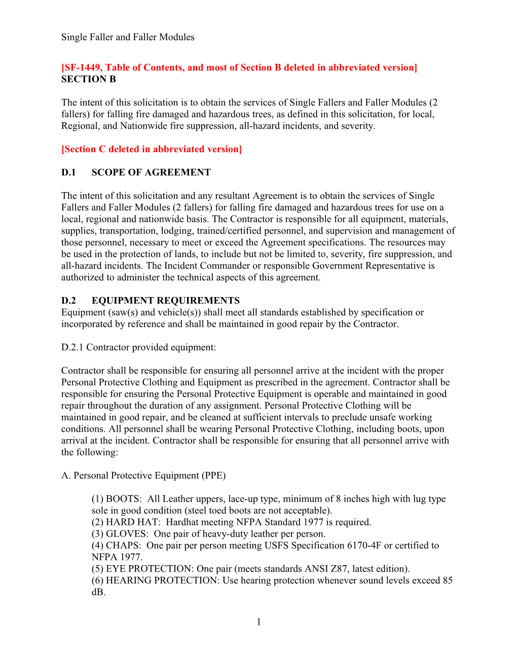 SF-1449, Table of Contents, and Most of Section B Deleted in Abbreviated Version