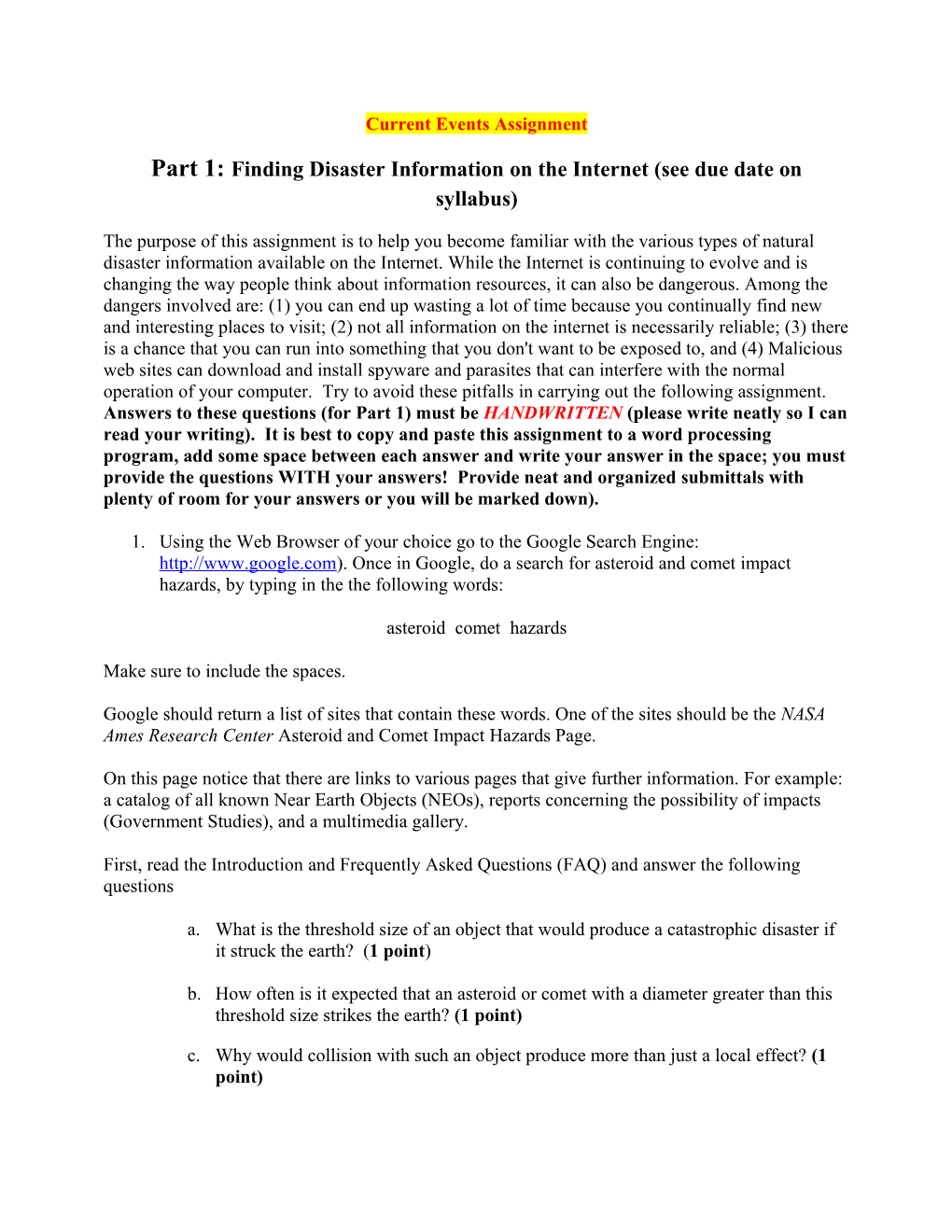 Part 1: Finding Disaster Information on the Internet (See Due Date on Syllabus)