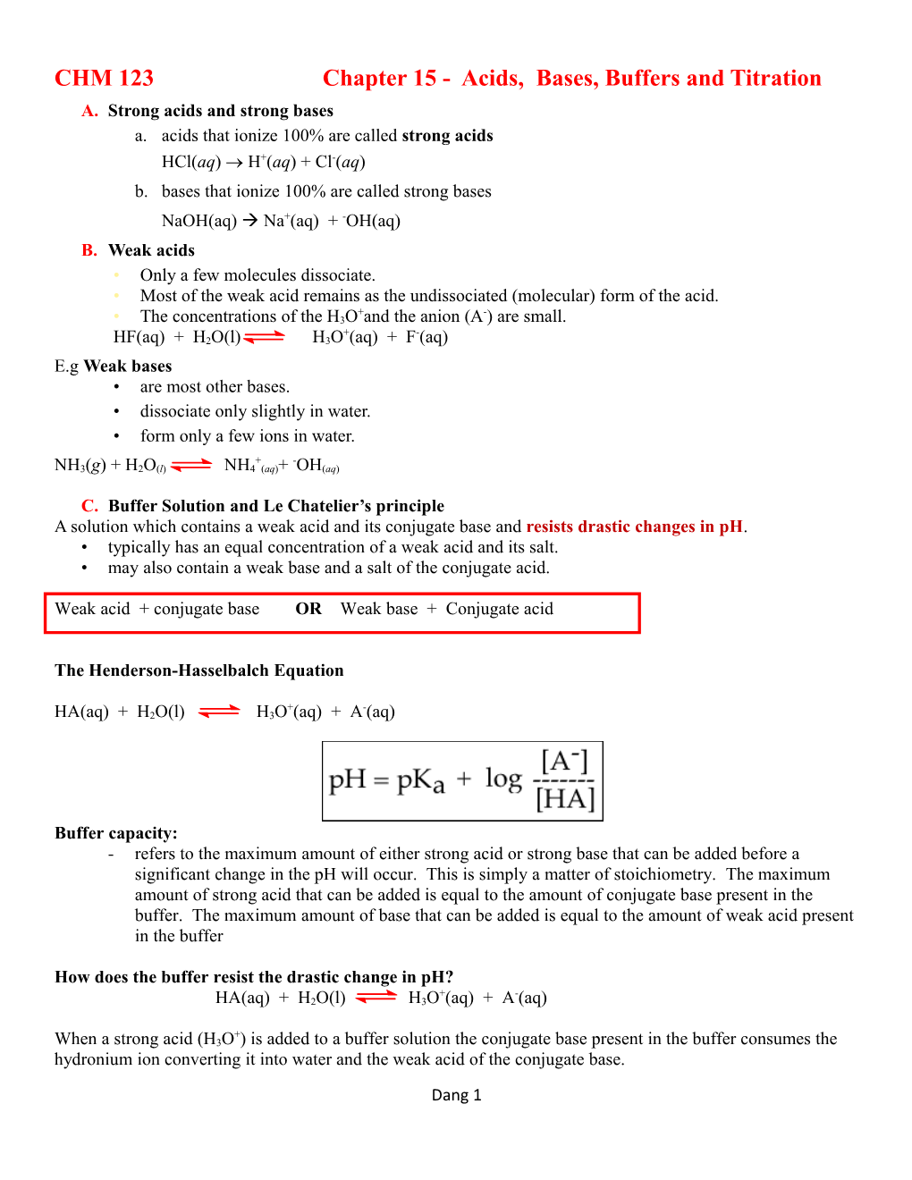 CHM 123Chapter 15 - Acids, Bases, Buffers and Titration