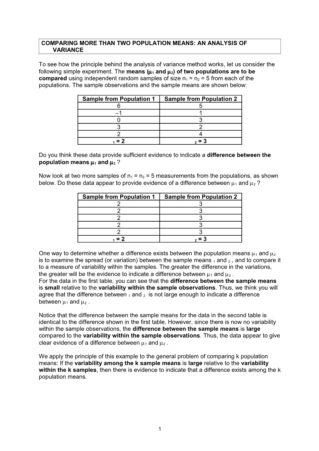 Comparing More Than Two Population Means: an Analysis of Variance