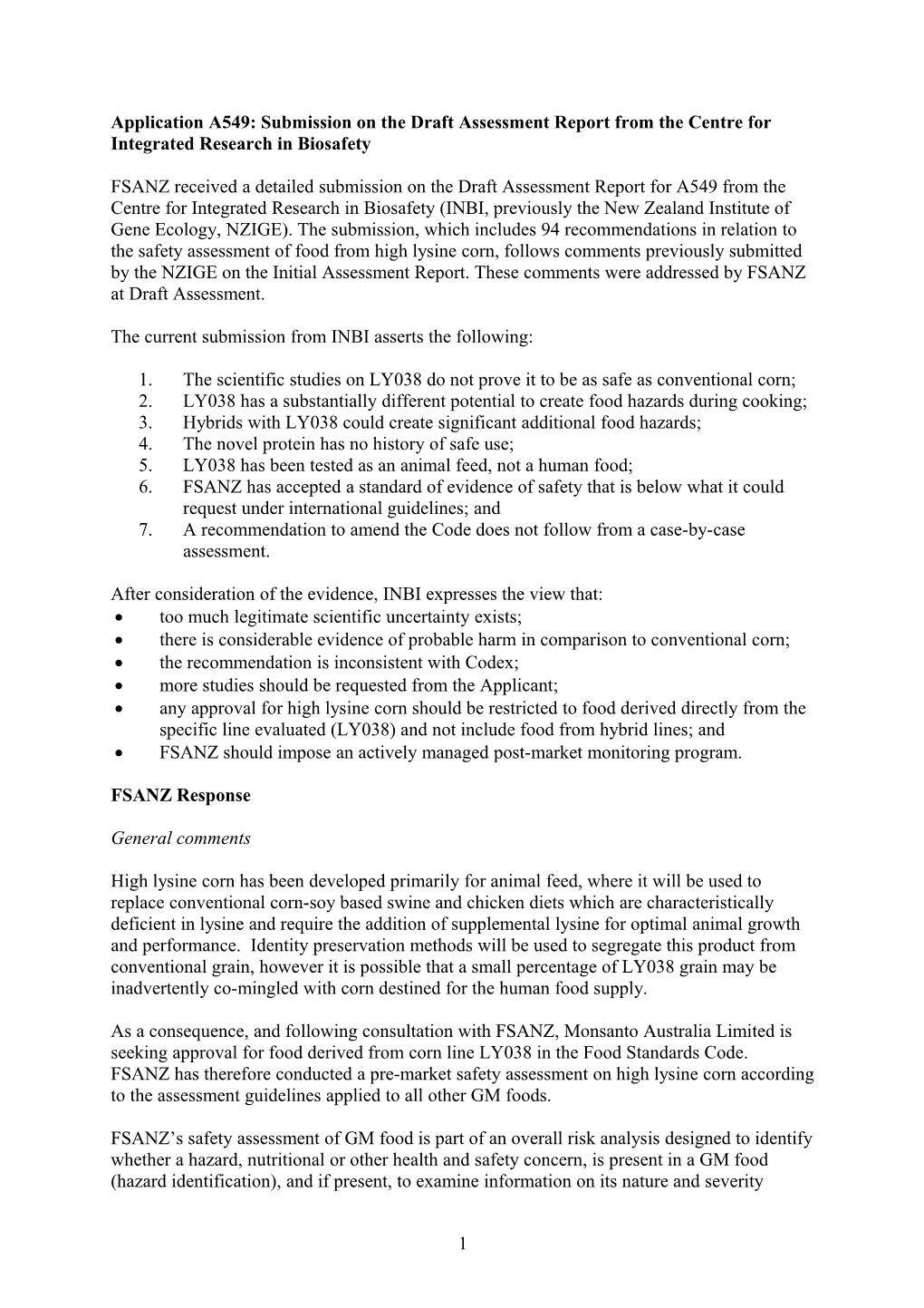 Application A549: Submission on the Draft Assessment Report from the Centre for Integrated