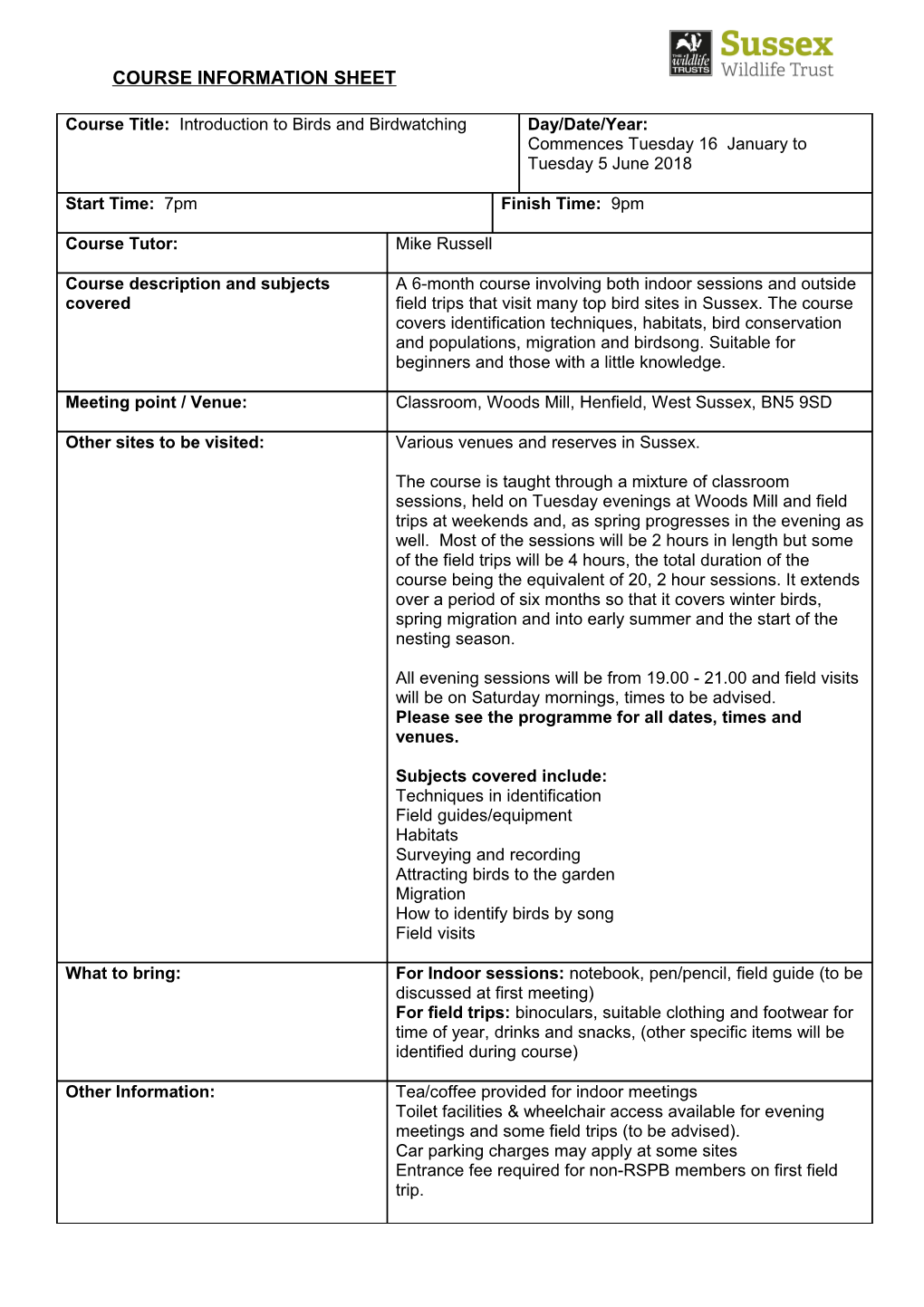 Dates and Locations of Each Session on the Following Sheet