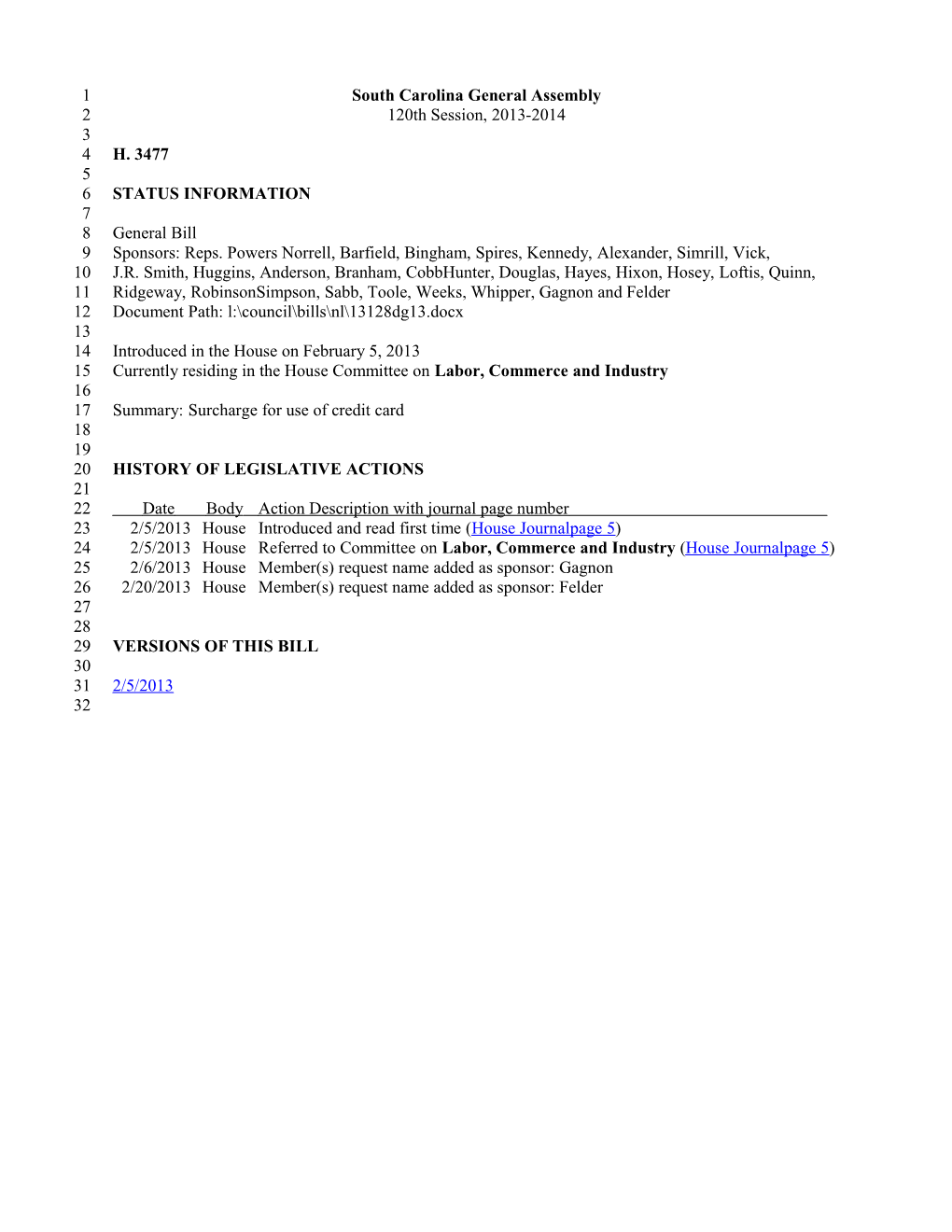 2013-2014 Bill 3477: Surcharge for Use of Credit Card - South Carolina Legislature Online