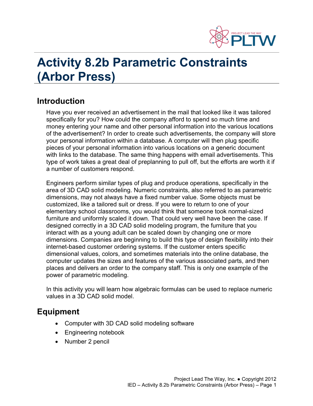 Activity 8.2B Parametric Constraints (Arbor Press)