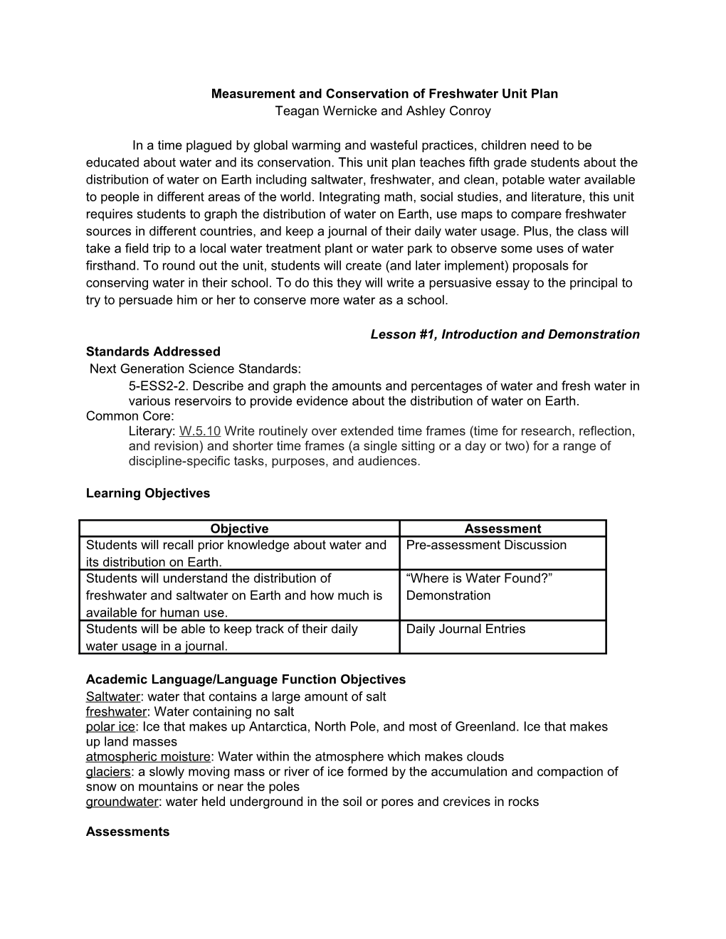 Measurement and Conservation of Freshwater Unit Plan