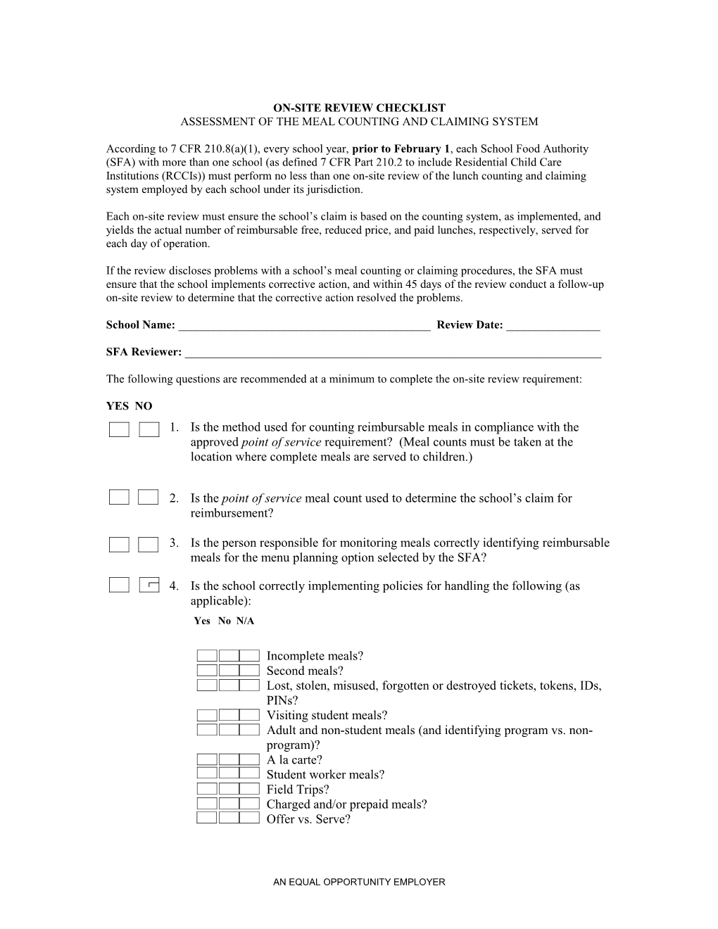 Assessment of the Meal Counting and Claiming System