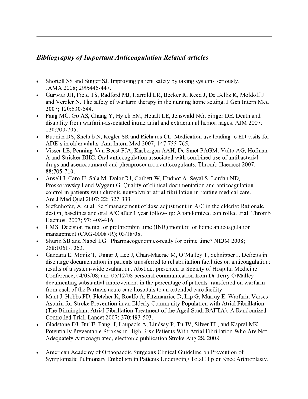 Bibliography of Important Anticoagulation Related Articles