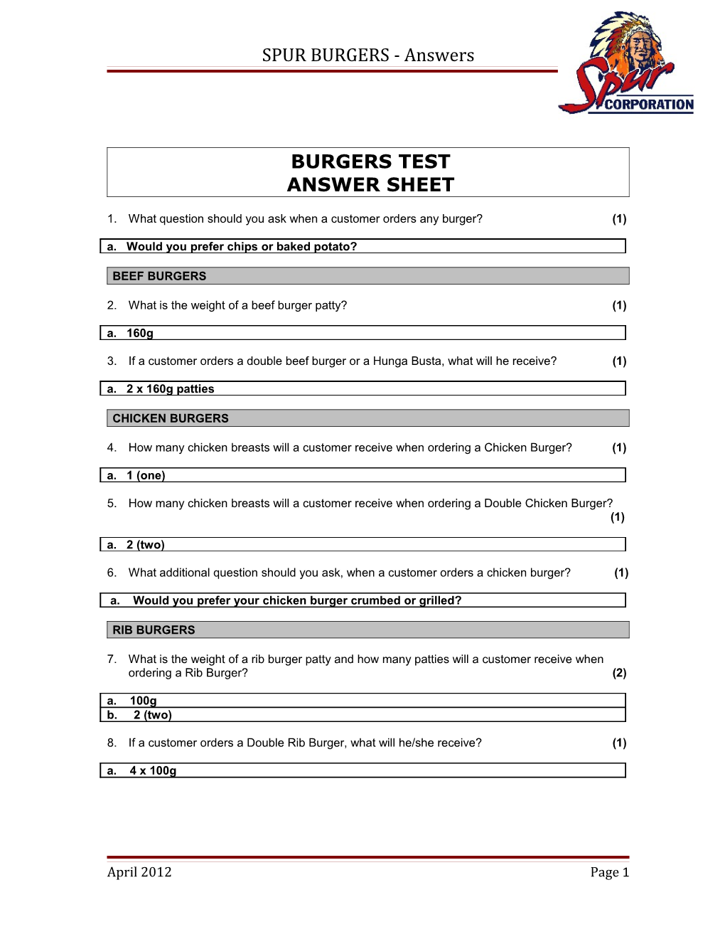 Spur Burgers - Answers