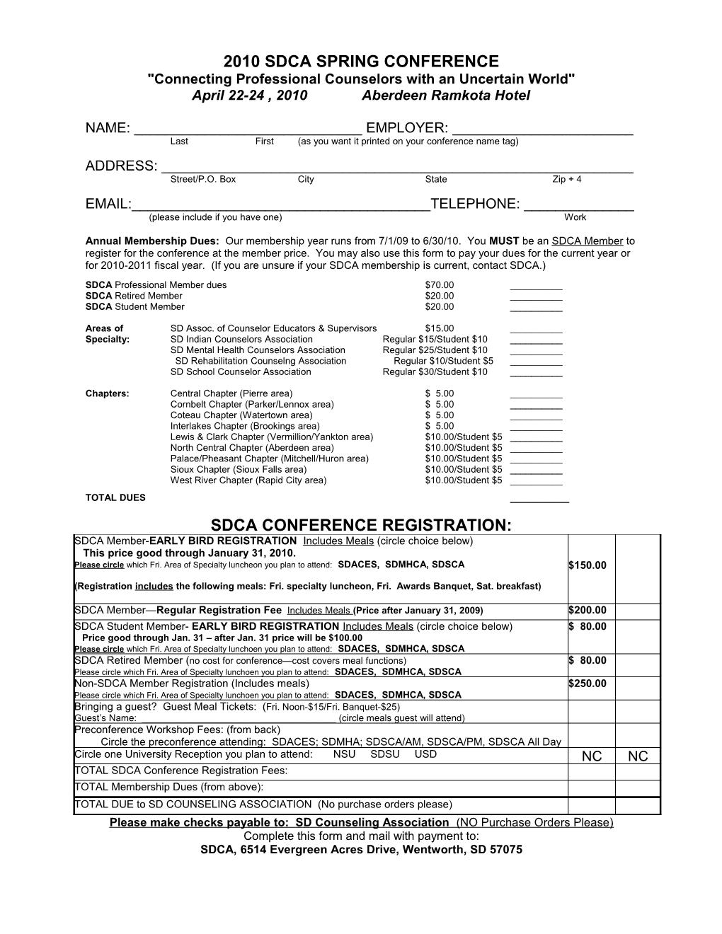 2005 SDCA Spring Conference Pre-Registration Form