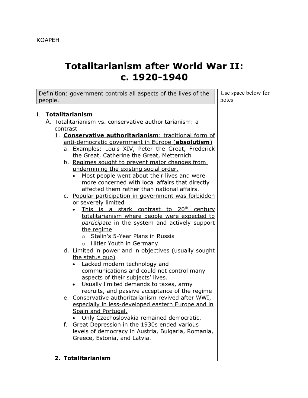 Totalitarianism After World War II: C. 1920-1940