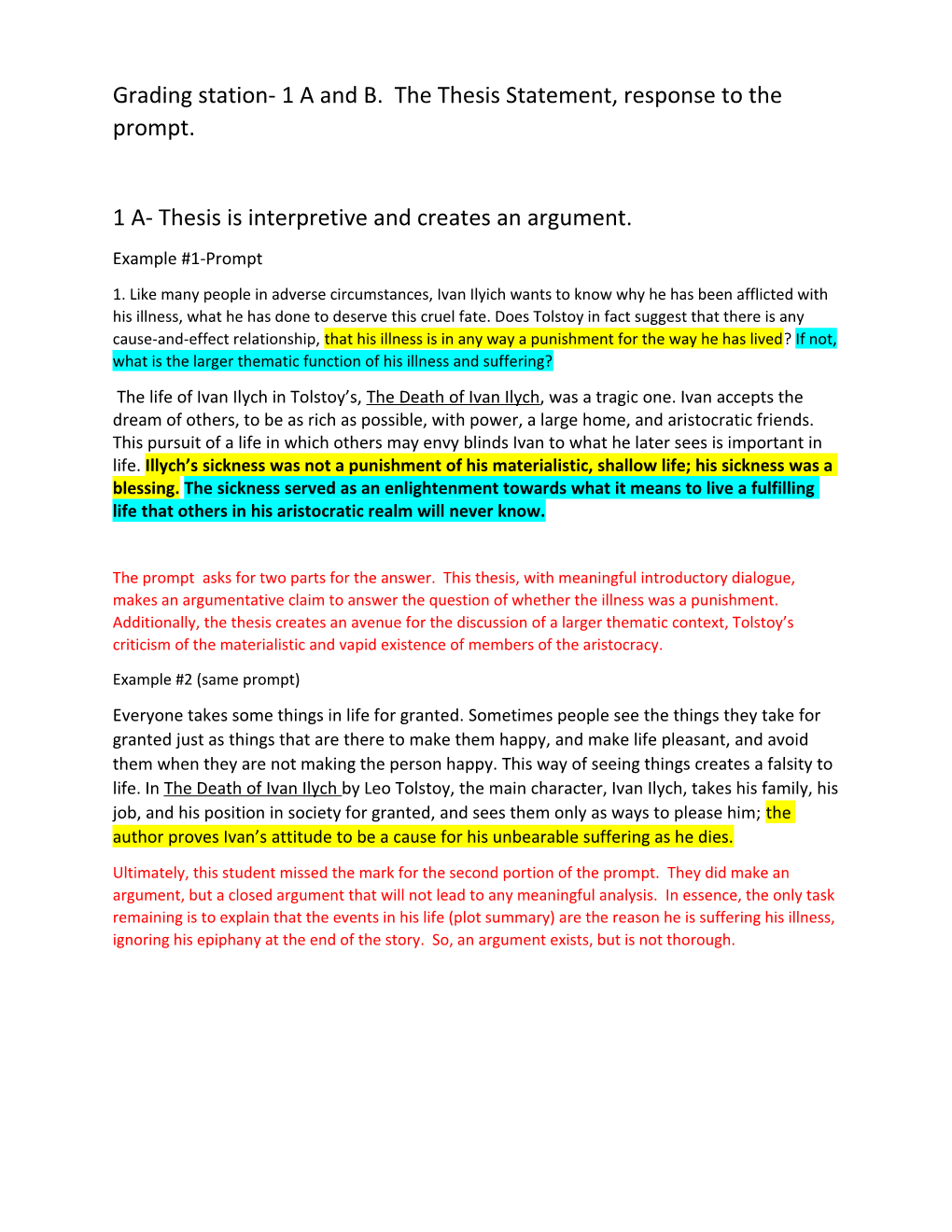 Grading Station- 1 a and B. the Thesis Statement, Response to the Prompt