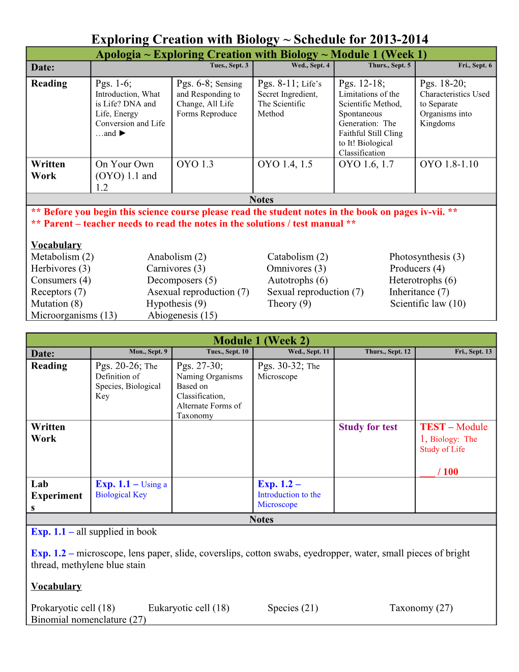 Exploring Creation with Biology Schedule for 2013-2014