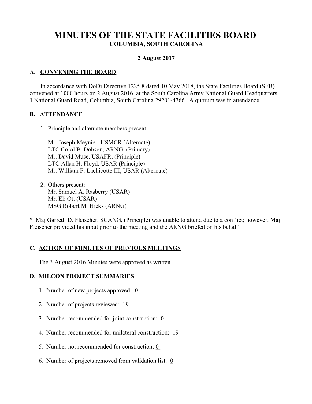 Minutes of the Joint Service Reserve Component Facility Board