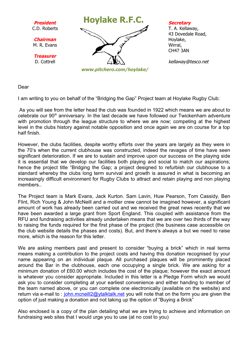 I Am Writing to You on Behalf of the Bridging the Gap Project Team at Hoylake Rugby Club