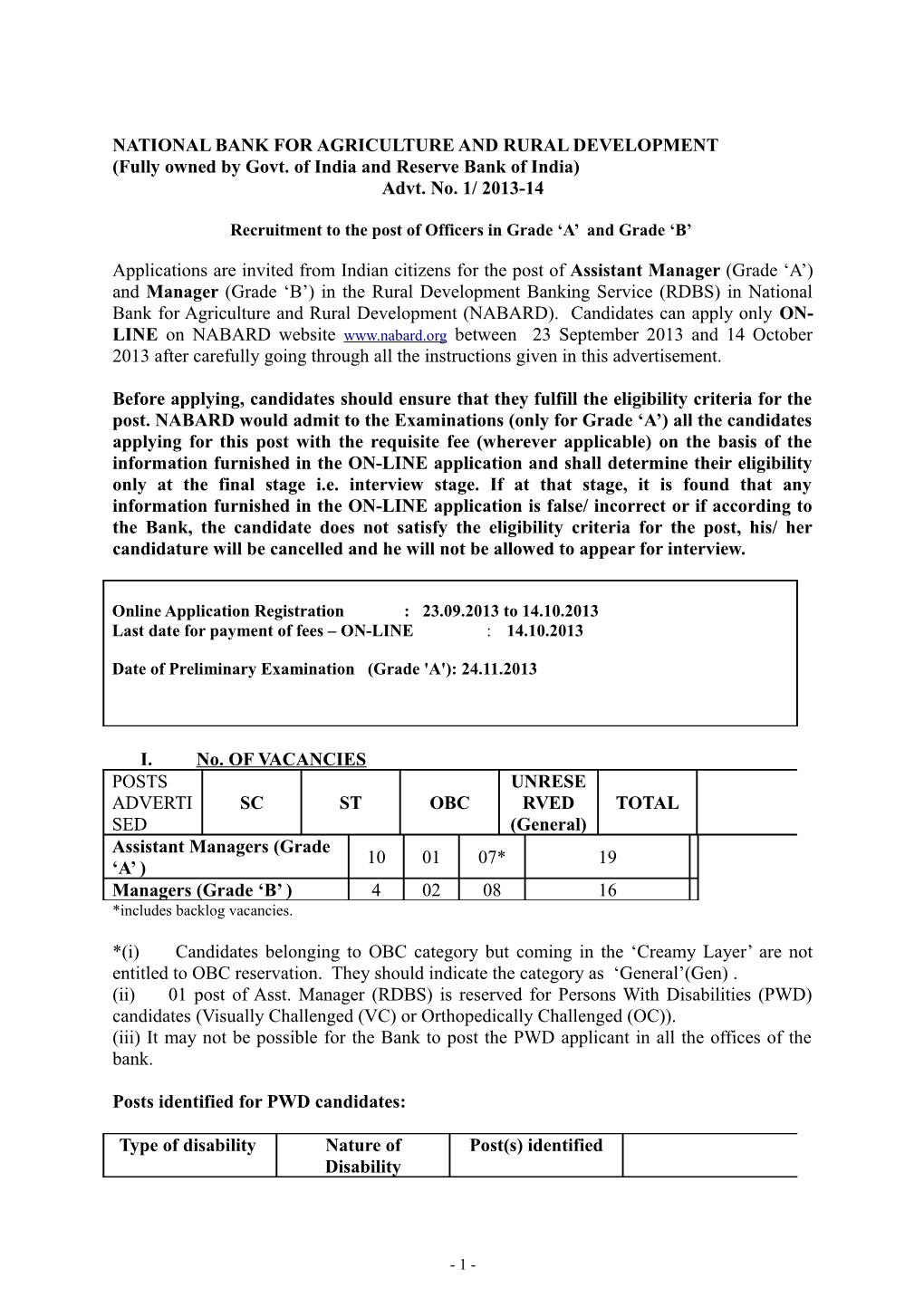 Recruitment to the Post of Officers in Grade a and Grade B