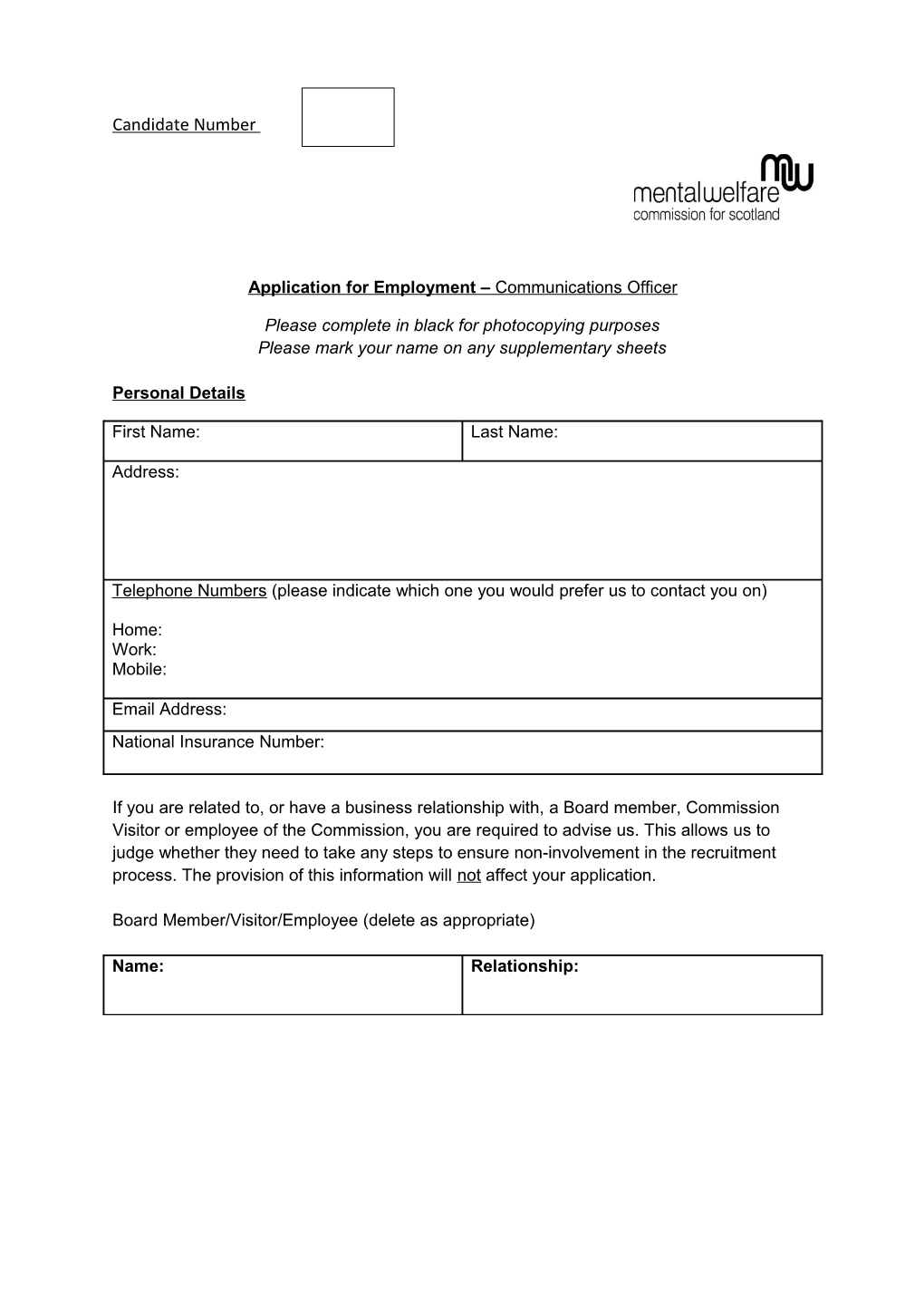 Application for Employment Communications Officer