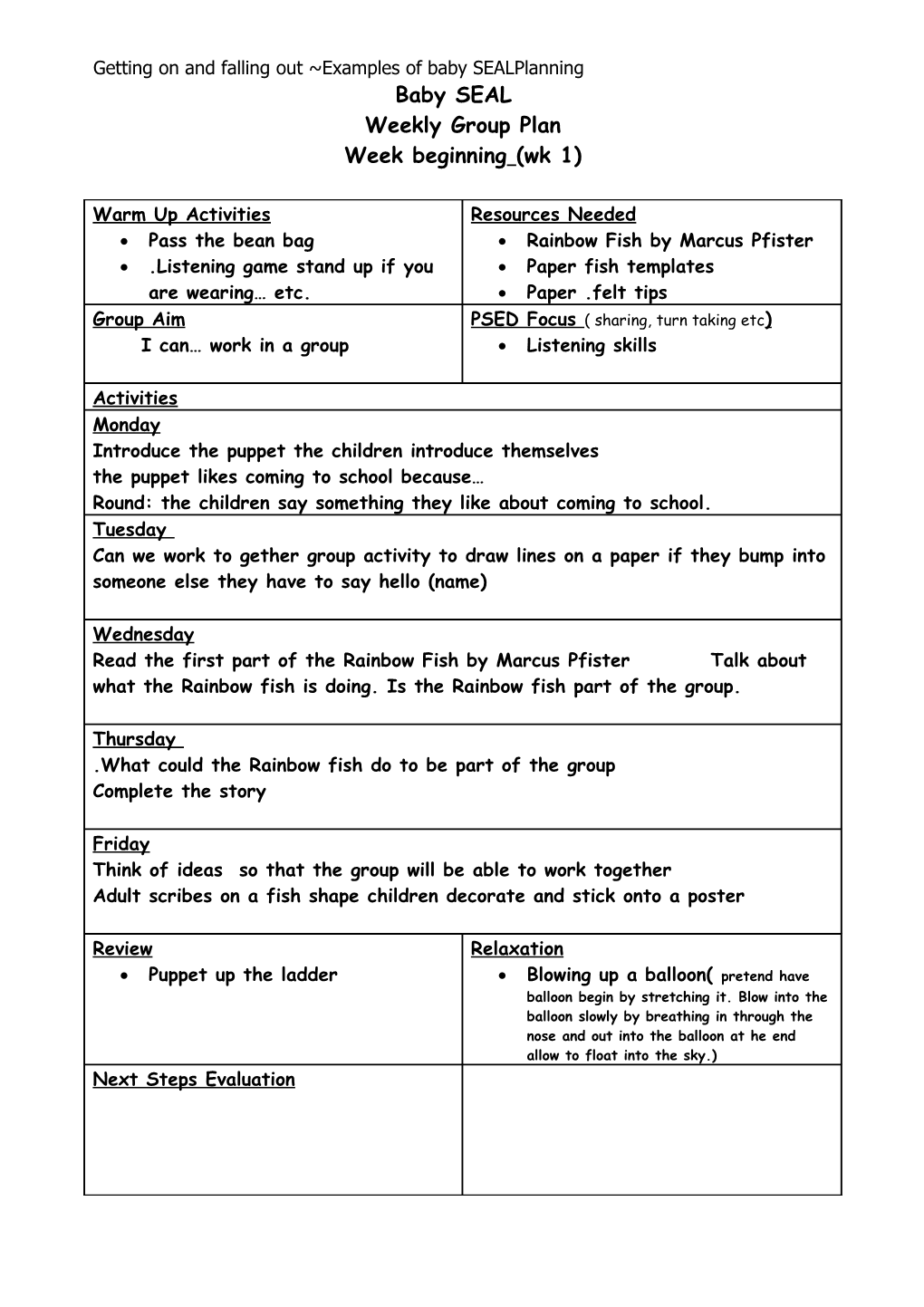 Getting on and Falling out Examples of Baby Sealplanning