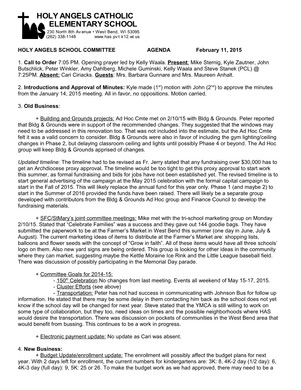 HOLY ANGELS SCHOOL COMMITTEE AGENDA February 11, 2015