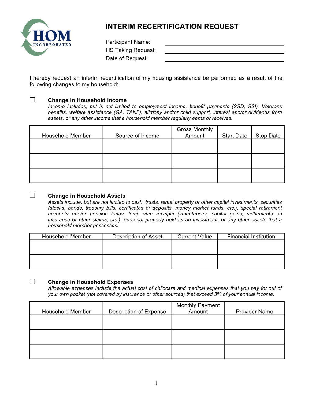 Interim Recertification Request