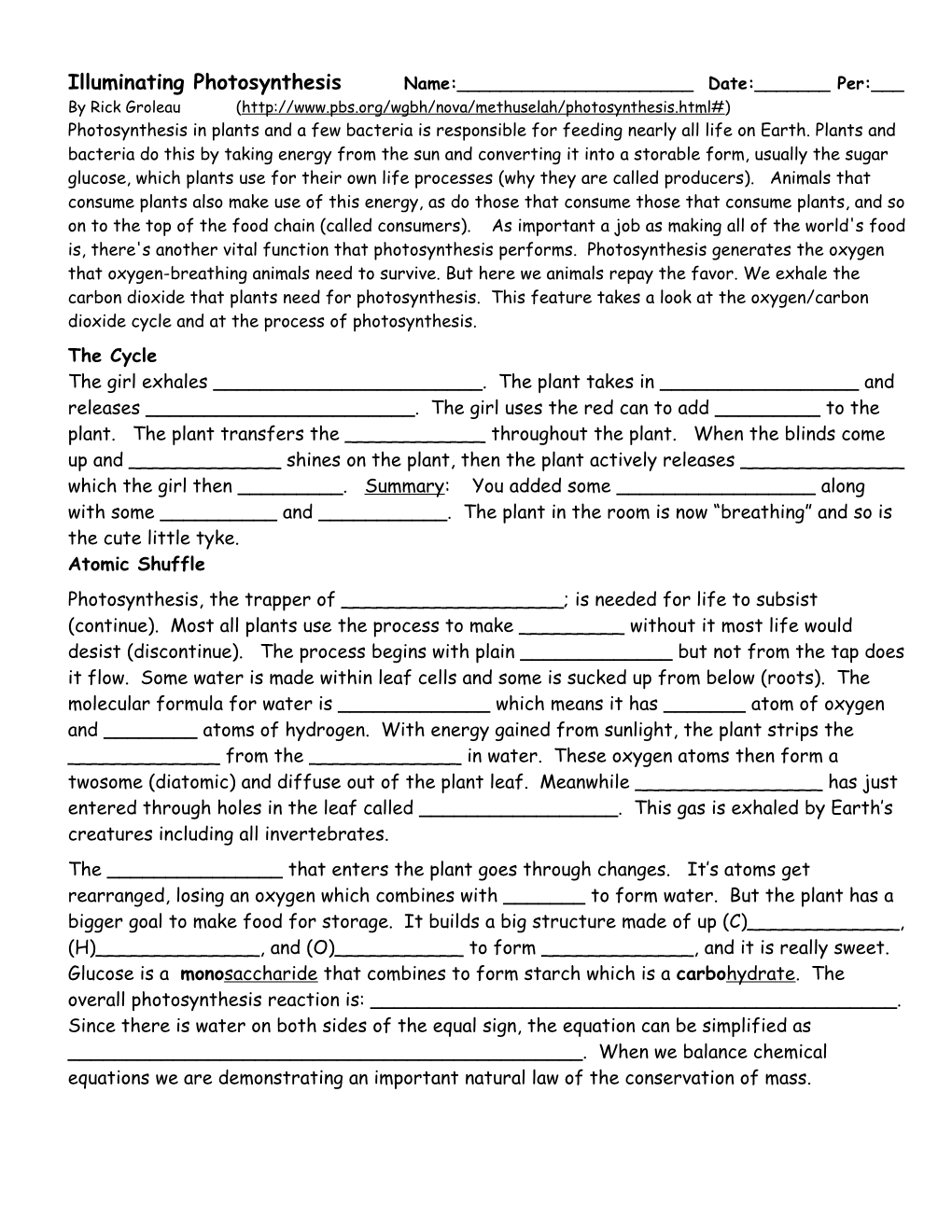 Illuminating Photosynthesisname:______Date:______Per:___ by Rick Groleau( Photosynthesis