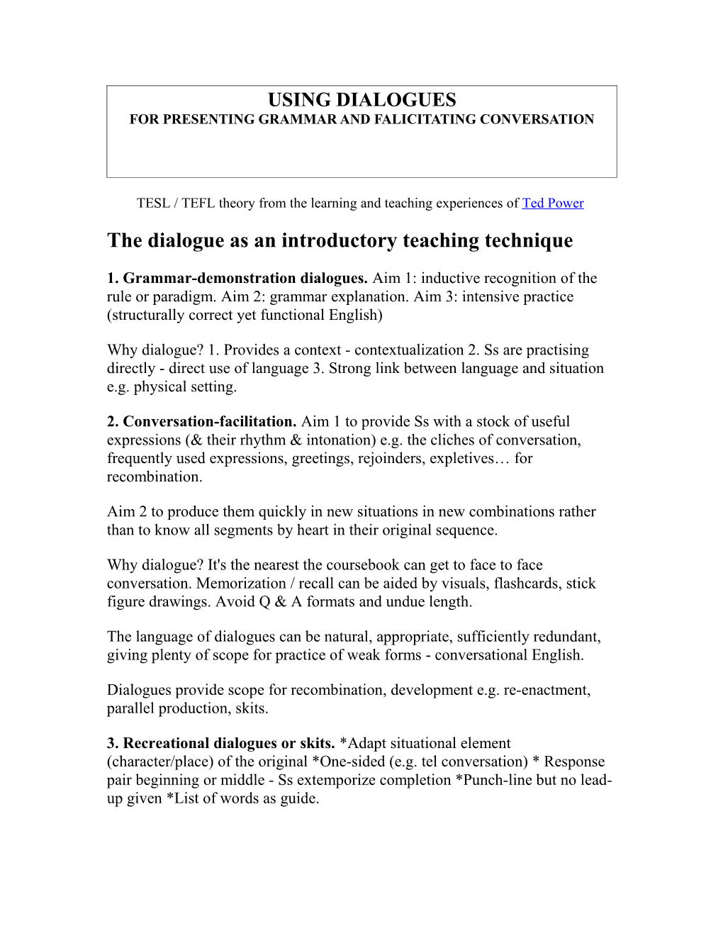 The Dialogue As an Introductory Teaching Technique