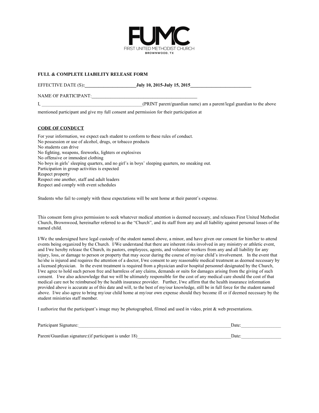 Full & Complete Liability Release Form