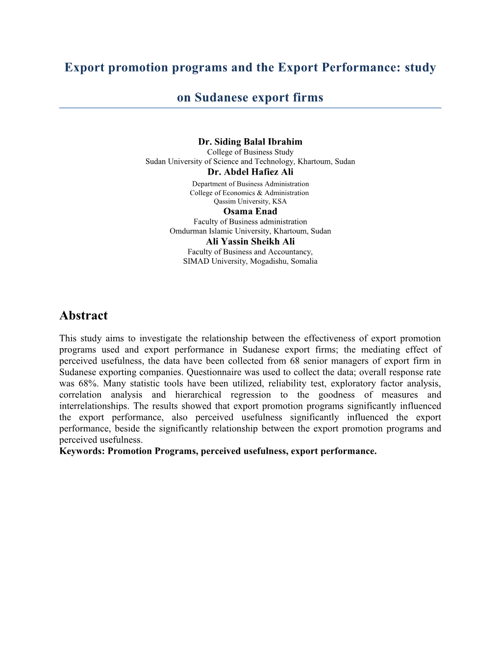 Export Promotion Programs and the Export Performance: Study on Sudanese Export Firms