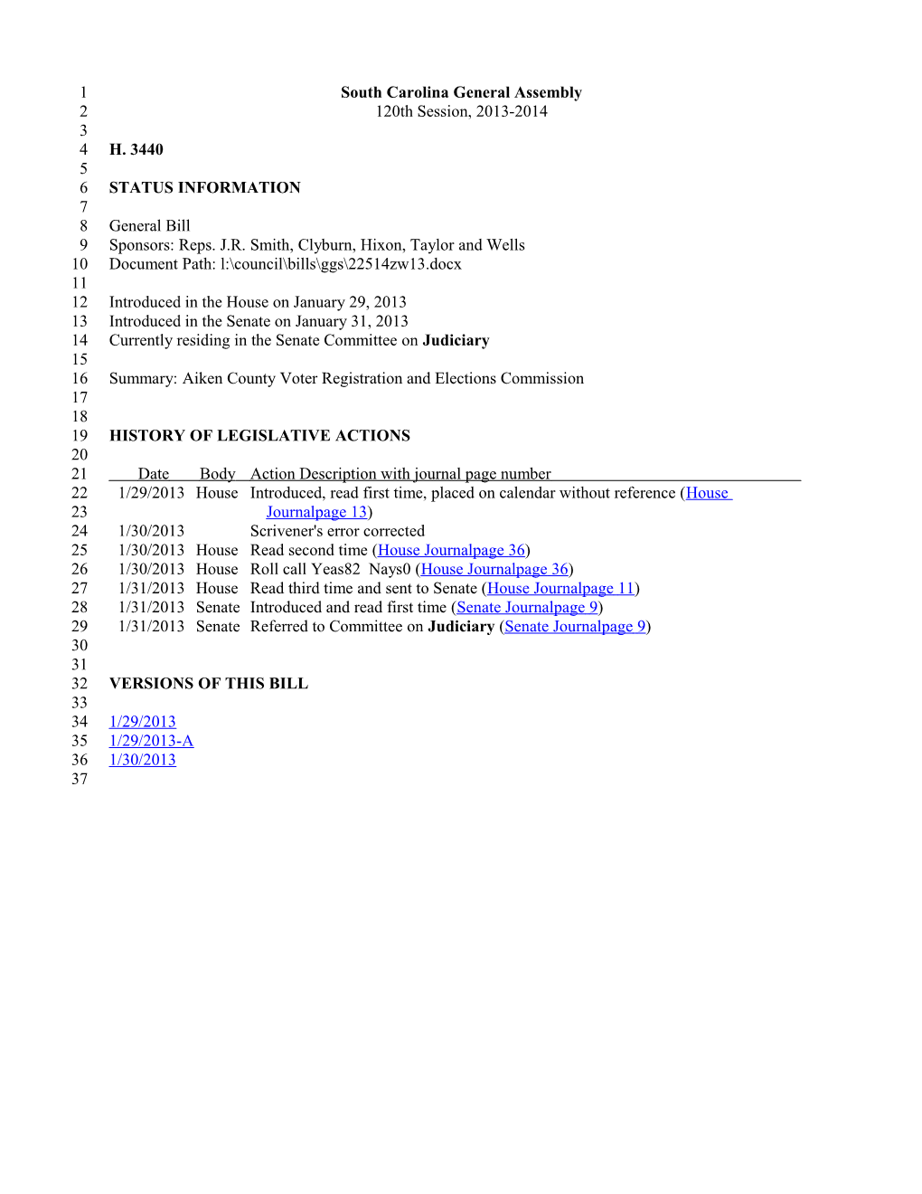 2013-2014 Bill 3440: Aiken County Voter Registration and Elections Commission - South Carolina