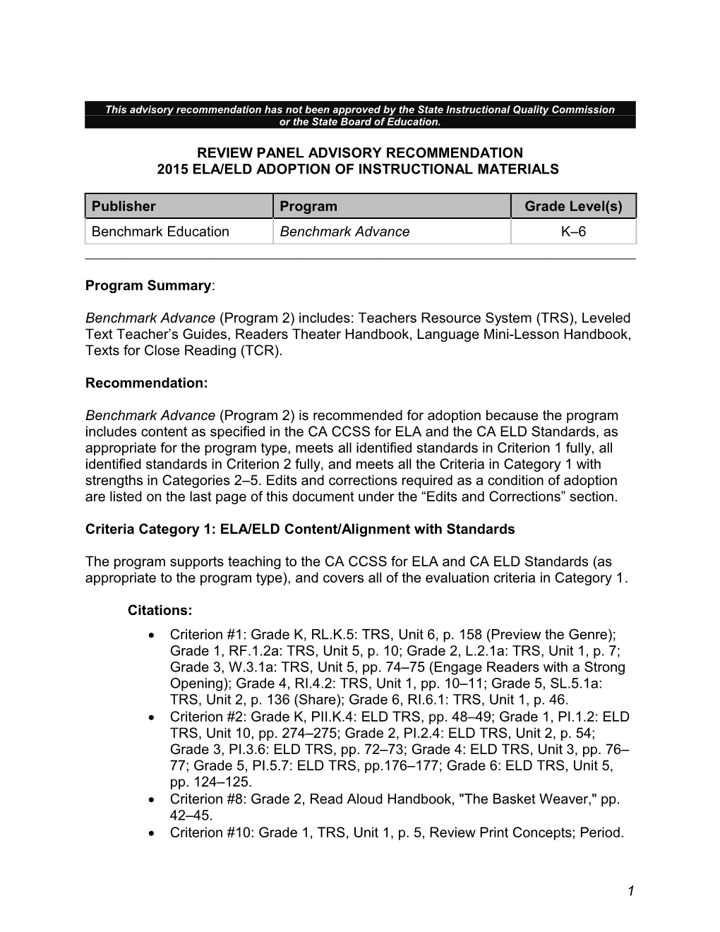 Benchmark Advance - Instructional Materials (CA Dept of Education)