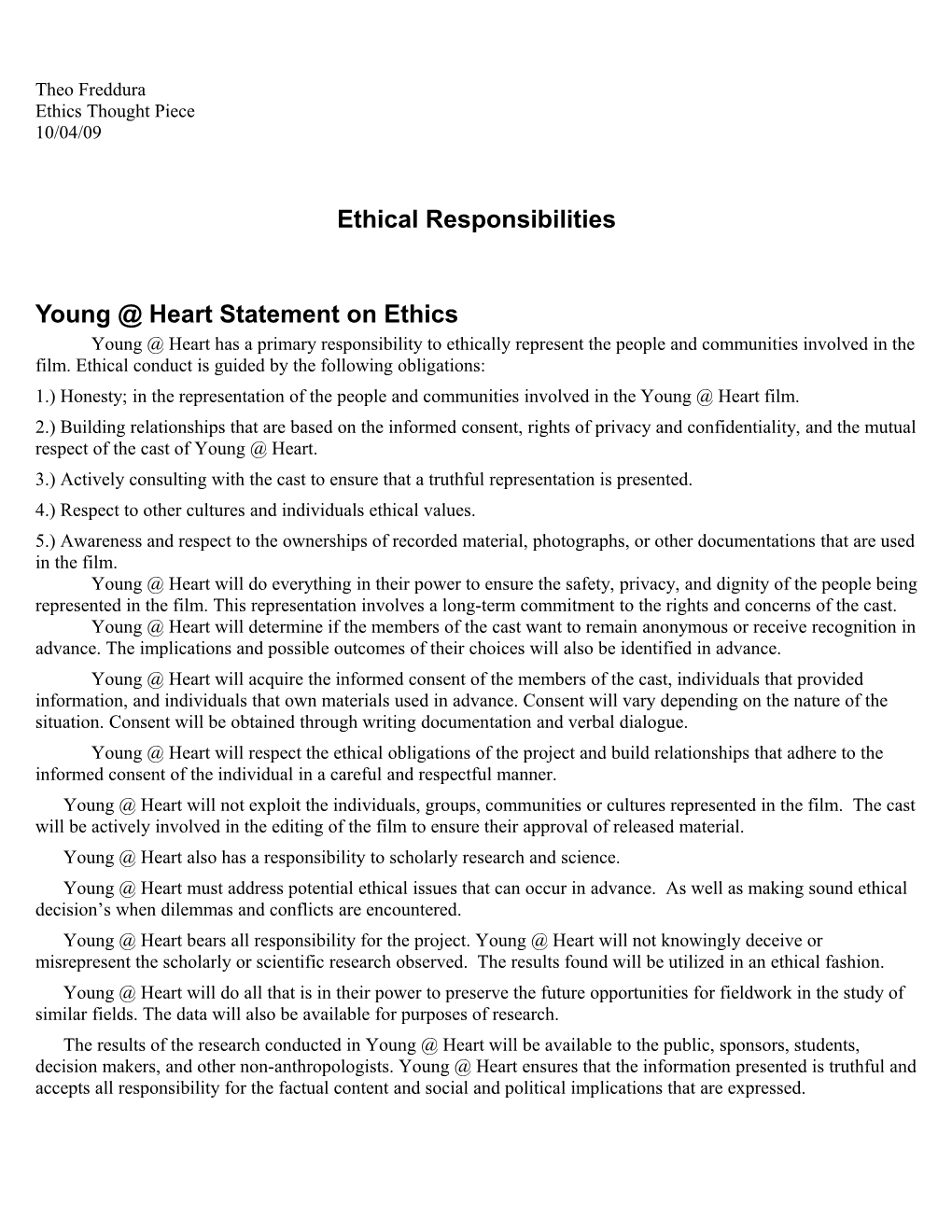 Young Heart Statement on Ethics